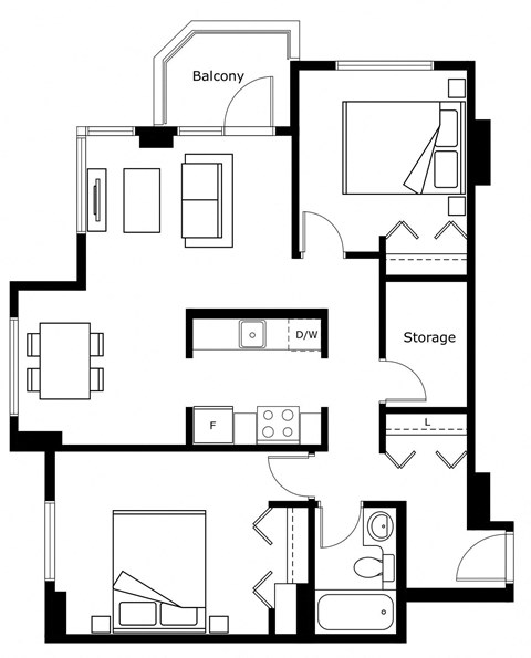 Floor plan for 2 beds, 1 bath, 835 sqft